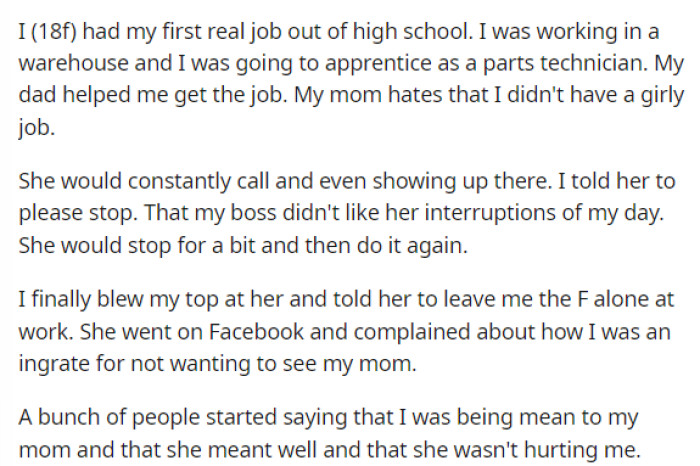 OP starts off by explaining to us that she got her first job, but that her mom hates it and basically was harassing her about it.