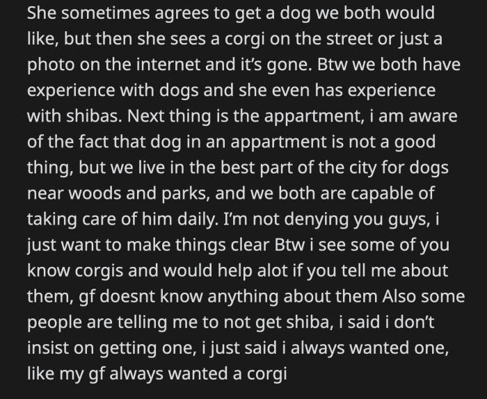 He and his girlfriend need to get on the same page before they can even think about adopting dogs.