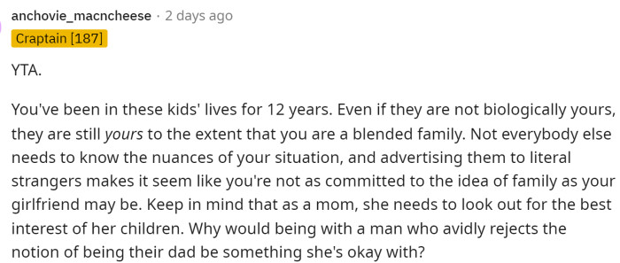 Some people told him that they are a family no matter what and that he should have just played along because not everybody needs to know the ins and outs of the family dynamic that they have.