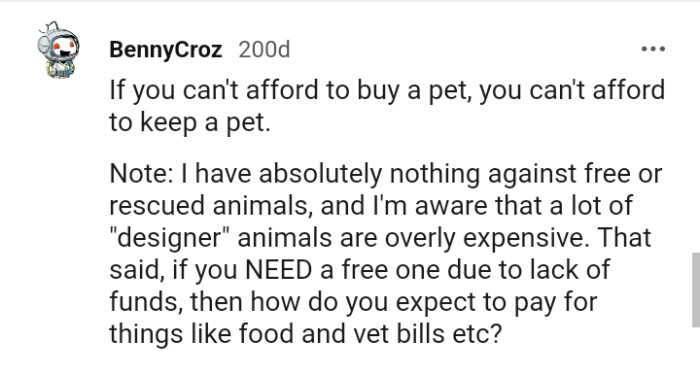 This Redditor has absolutely nothing against free or rescued animals