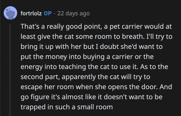 OP is doubtful if her sister will be willing to spend money to buy a cat carrier. The cat is constantly trying to get out of the room because OP's sister locks her in the room all day.