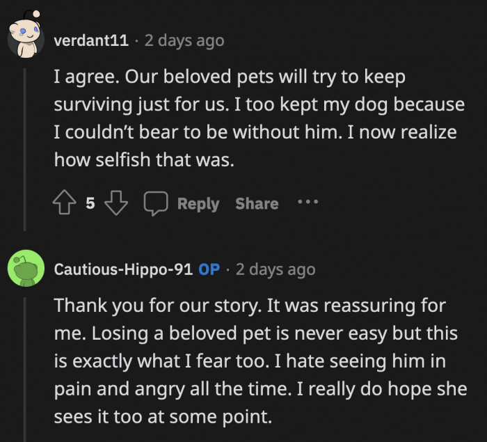 The dog probably can't think clearly, and his aggression could be borne out of the pain he is going through. OP's sister needs to realize this quickly before she subjects her dog to too much pain.