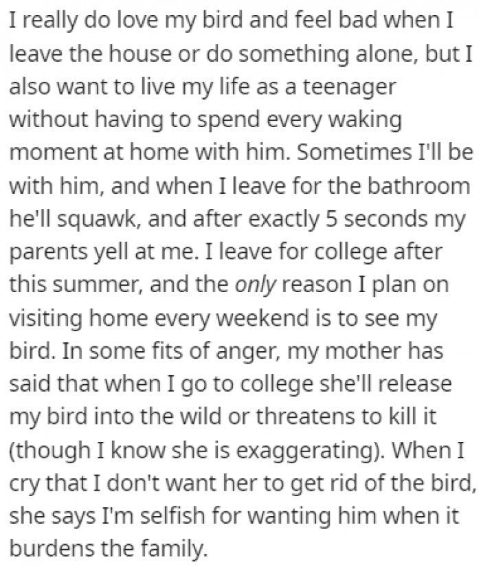 OP plans on leaving for college soon, which would cause even more issues