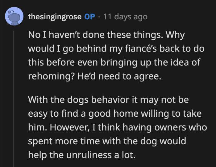 OP said if her fiancé agrees to rehome his dog, she would go the extra mile to make sure that the dog ends up with a good family