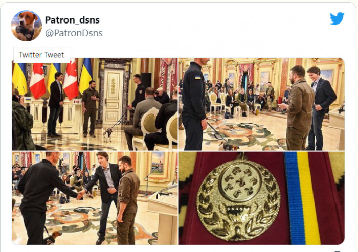 The President of Ukraine, Zelenskyy, presented Patron and his owner/handler, Mykhailo Iliev, with a medal for 