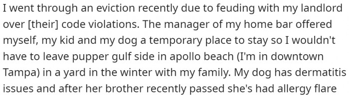 OP recently went through an eviction due to feuding with their landlord over code violations