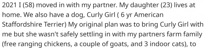 OP moved in with their partner, but their dog didn't get along with the rest of the animals