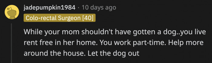 If Everyone Acted More Maturely in This Situation, OP's Mom Wouldn't Have Adopted a Dog Knowing She Doesn't Have Enough Time for It. Given That the Dog Is Already There, OP Should at Least Let It Out When He Gets Home.