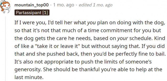 She should explain to her what she's willing to do, kind of