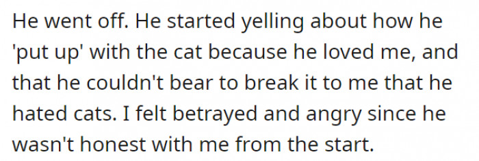 Turns out he was just putting up with it—Molly the cat—because of OP. Of course, she was mad because he never told her that.