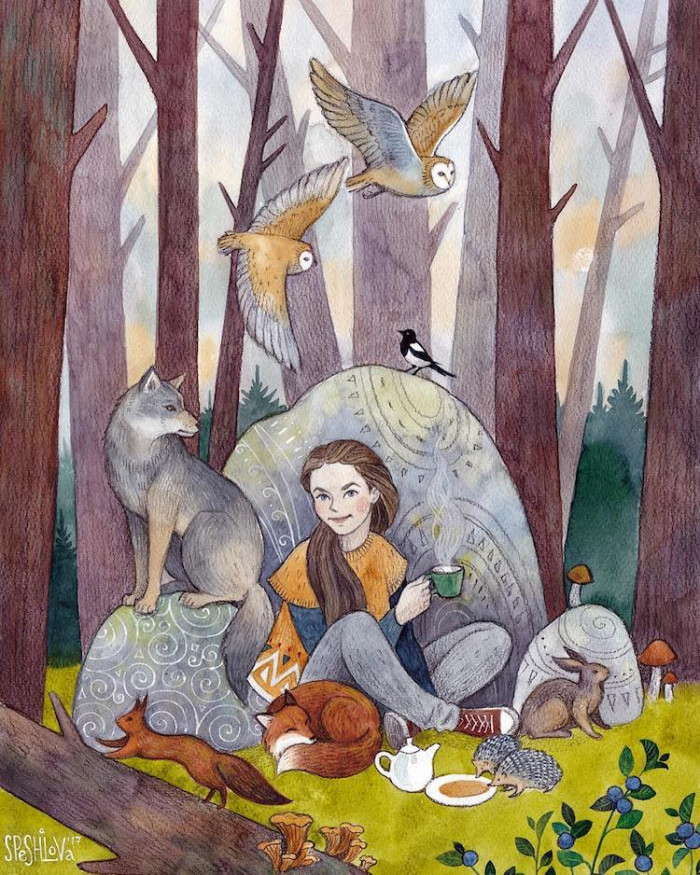 Her characters include humans who live in harmony with forest animals