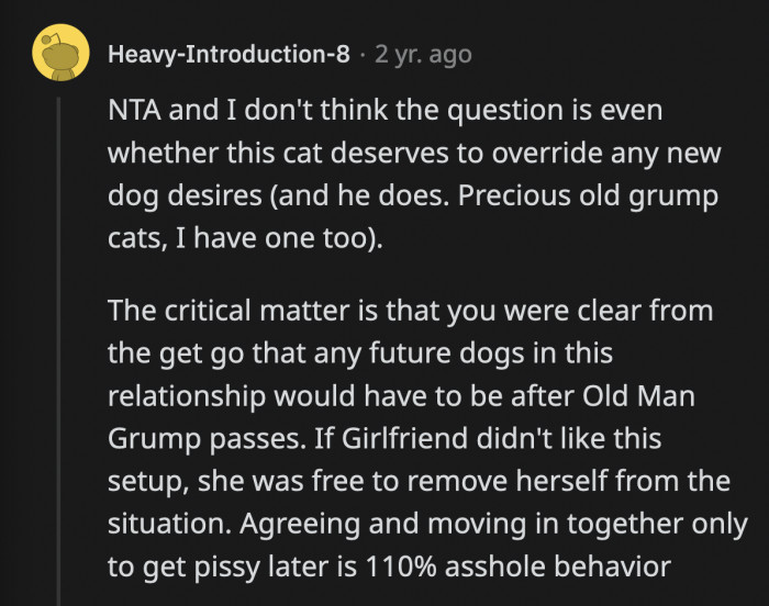 OP's girlfriend knew from the start that any additional pets she may want to adopt will have to wait until Sparky passes away