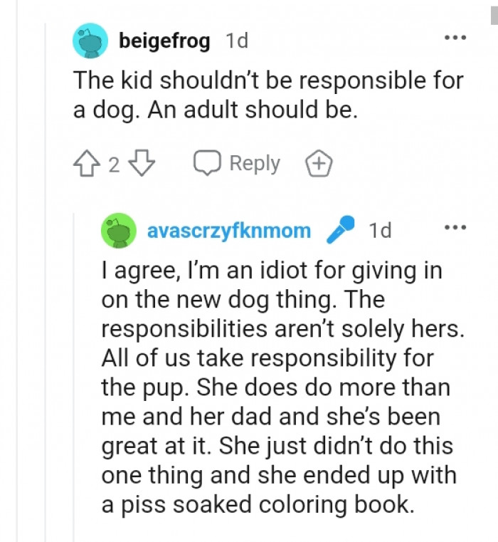 This Redditor believes the kid shouldn't be responsible for the dog