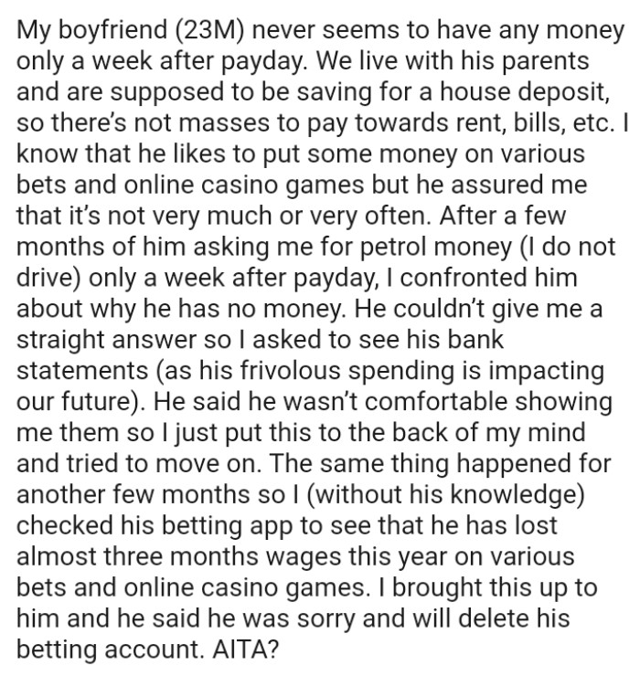 Redditor Confronts Her Boyfriend About His Excessive Spending On
