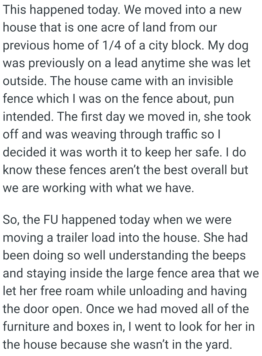 The First Day They Moved In, the Dog Took Off and Was Weaving Through Traffic