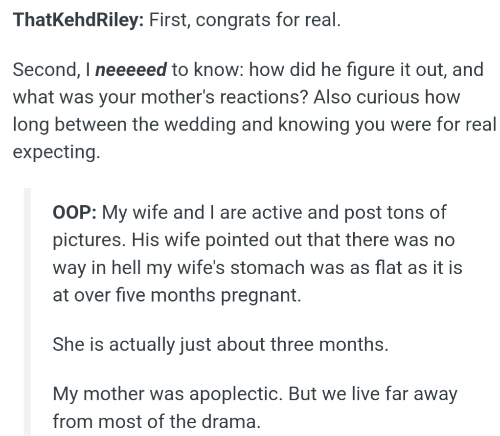 ThatKehdRiley learned from OP that his brother's wife discovered the fake pregnancy from photos, which got his mom angry. But, surprisingly OP's wife became pregnant soon after.