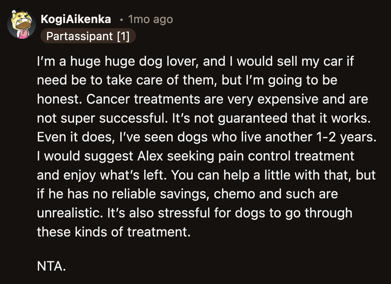 Even Dog Lovers Didn't Judge OP for Her Decision. They Said They Would Sell Their Earthly Possessions to Save Their Dog, but the Reality Is Most Cancer Treatments Do Not Present a Positive Outlook for Dogs.