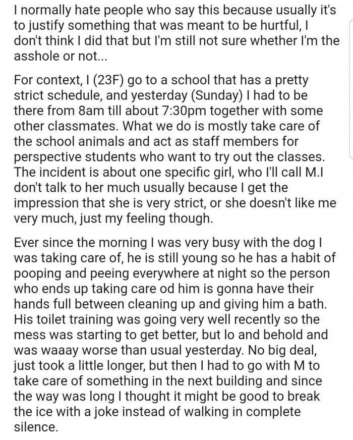 OP explained that she decided to crack a joke with her classmate about the messy school dog