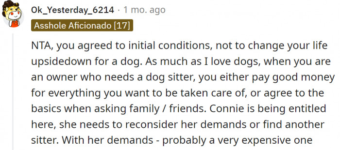 Connie should agree to the basics if she wants her to sit for the dog so badly.