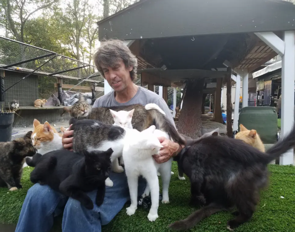 Rescued cats climb over Chris Arsenault in past sanctuary videos, smiling together.