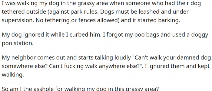 This grassy area is a popular spot for walking dogs, as it is nobody's yard and is located three car widths away from the nearest home. One day, while OP was walking their dog in the grassy area, they noticed that another resident had tethered their dog outside