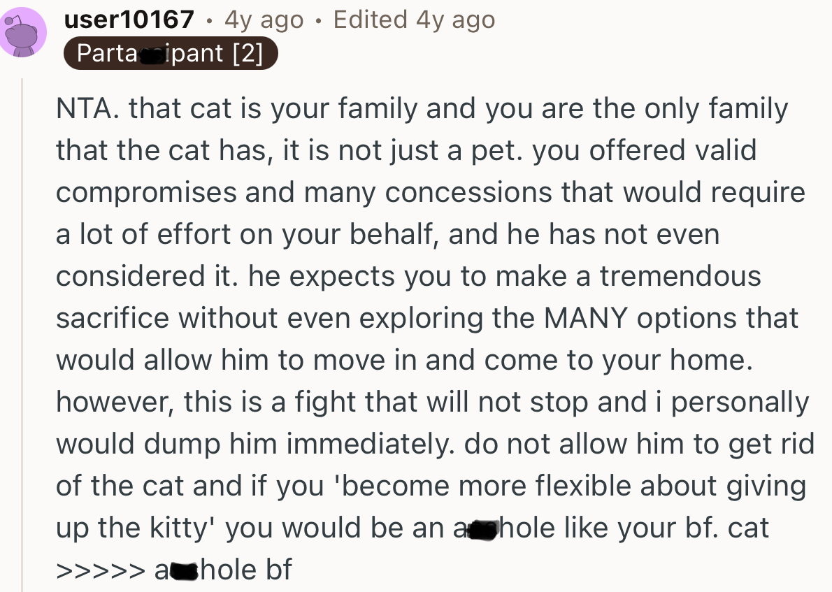 “NTA. that cat is your family and you are the only family that the cat has, it is not just a pet.”