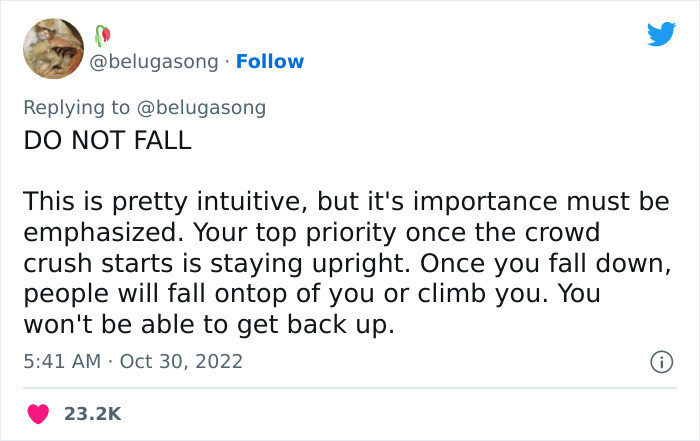 Do not fall. Falling down will cause other people to be on top of you–that is not good.