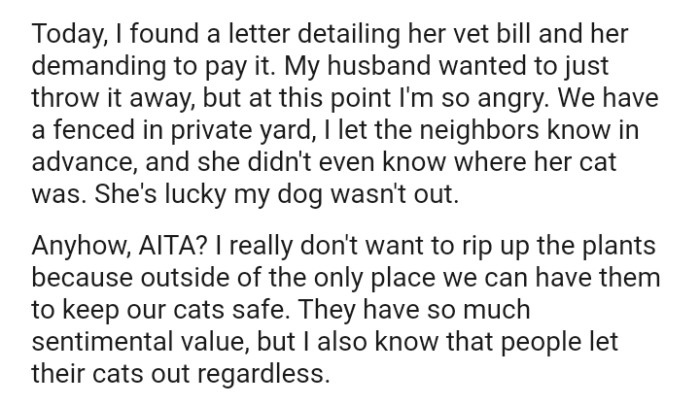 The OP found a letter detailing her vet bill and her demanding to pay it