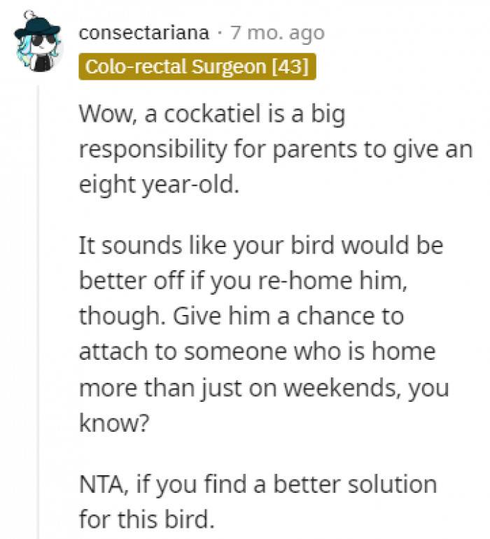 A lot of Redditors in the comments suggested re-homing the bird