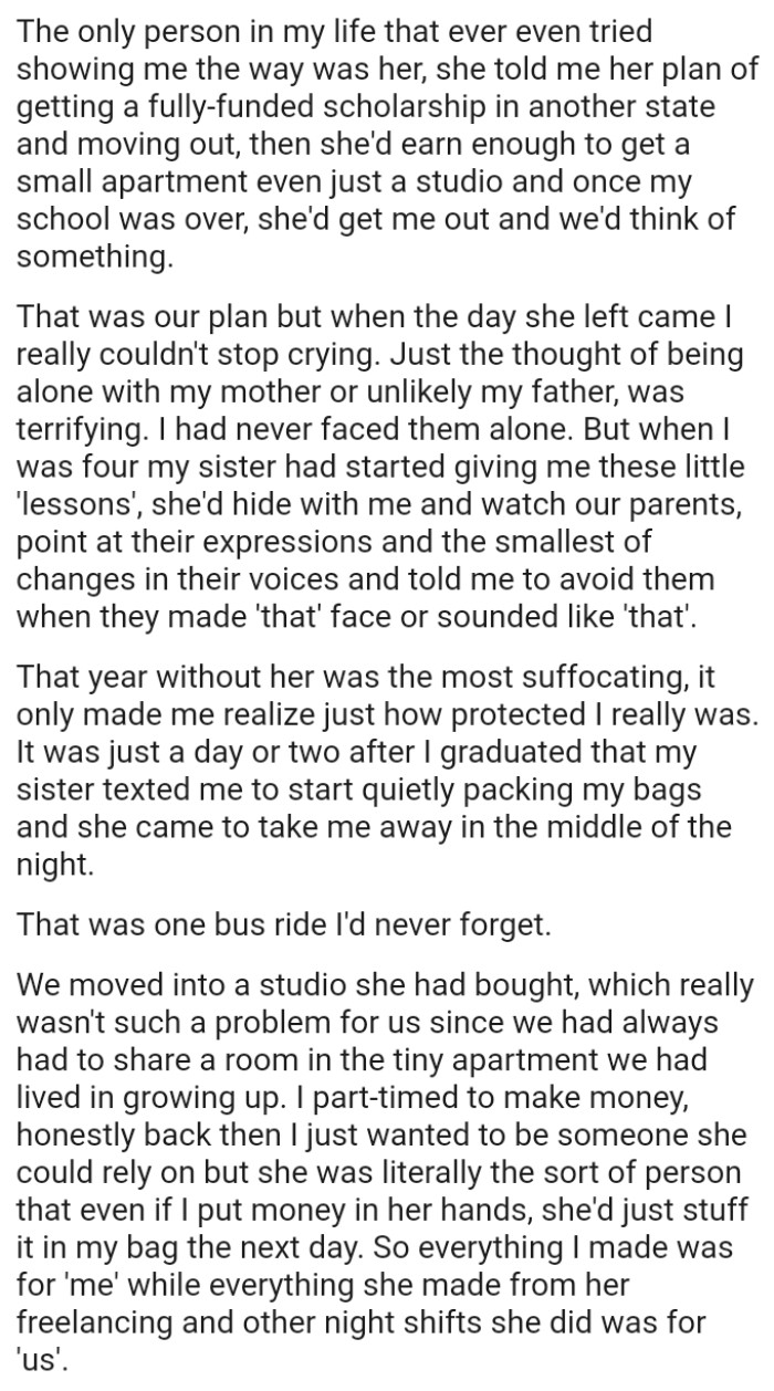The year without her was the most suffocating as it only made the OP realize just how protected he really was