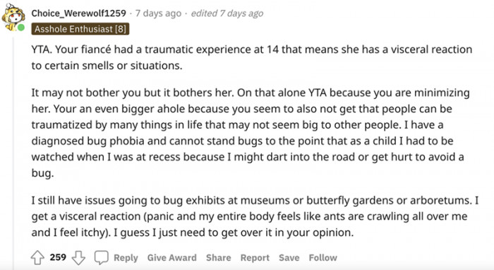 This Redditor happens to have a bug phobia and was watched as a child