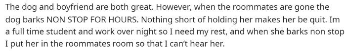 Then they delve into the details of the issue, which is, of course, the dog barking nonstop whenever the owner leaves the house.