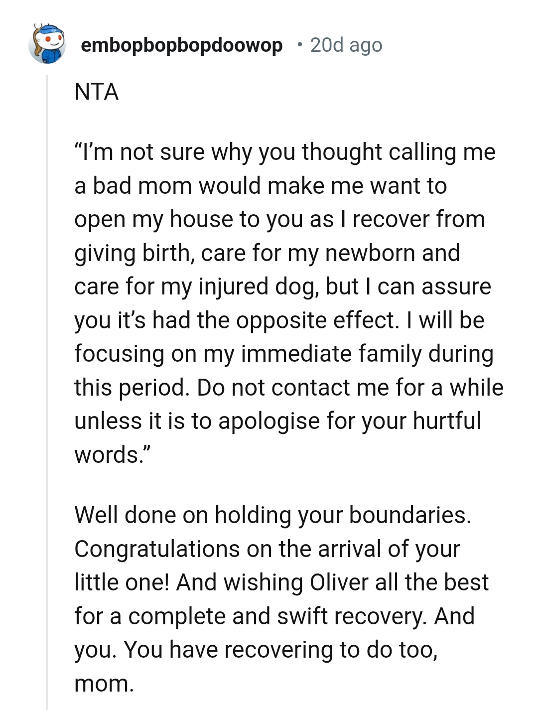 This Redditor Is Congratulating the OP on the Arrival of Her Baby.