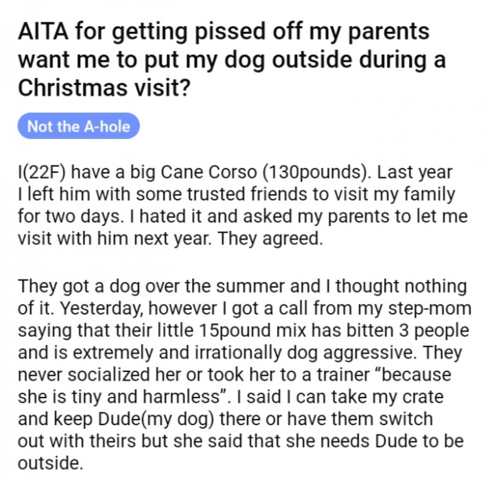 1. OP's parents agreed to let her visit them for Christmas with her dog.