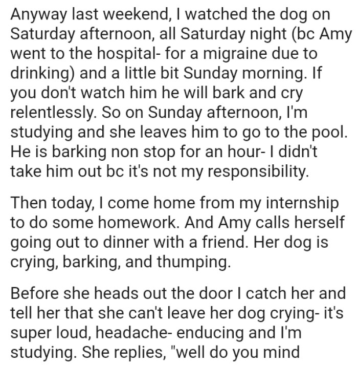 The dog is barking nonstop for an hour, and the OP didn't take him out because it's not her responsibility.