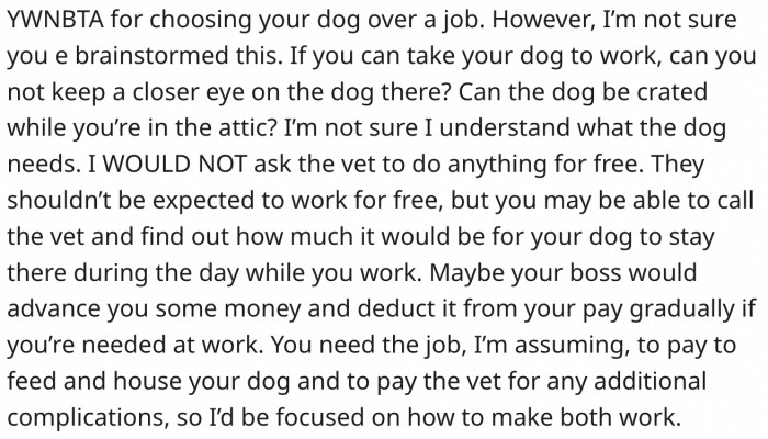 22. She should explore other options that don't involve quitting her job because she needs it to pay her bills.
