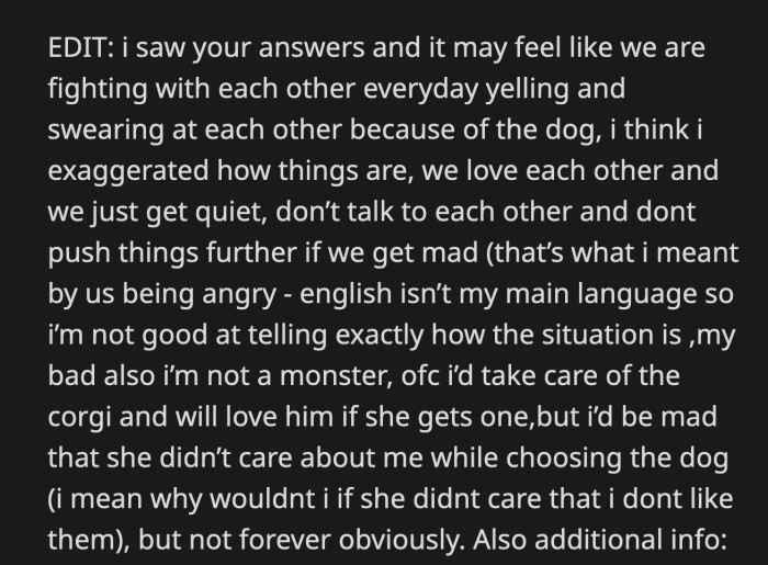 OP saw the comments educating them and clarified that he won't ignore his girlfriend's dog if she gets a Corgi.
