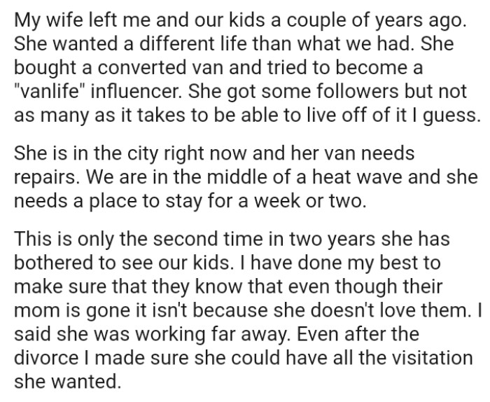 They Are in the Middle of a Heat Wave and OP's Ex Needs a Place to Stay for a Week or Two