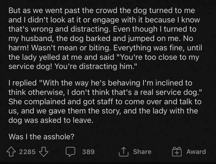 The woman with the fake service dog even dared to accuse OP of 
