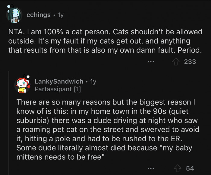 People can get into real danger because of roaming cats.