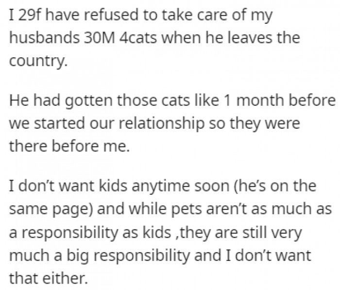 The cats were there a month before they started dating, and while they both don't want kids, OP doesn't want pets either