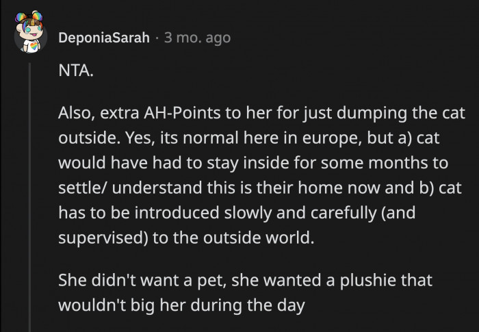 She didn't even bother introducing the cat to its new home and basically dumped it outside.