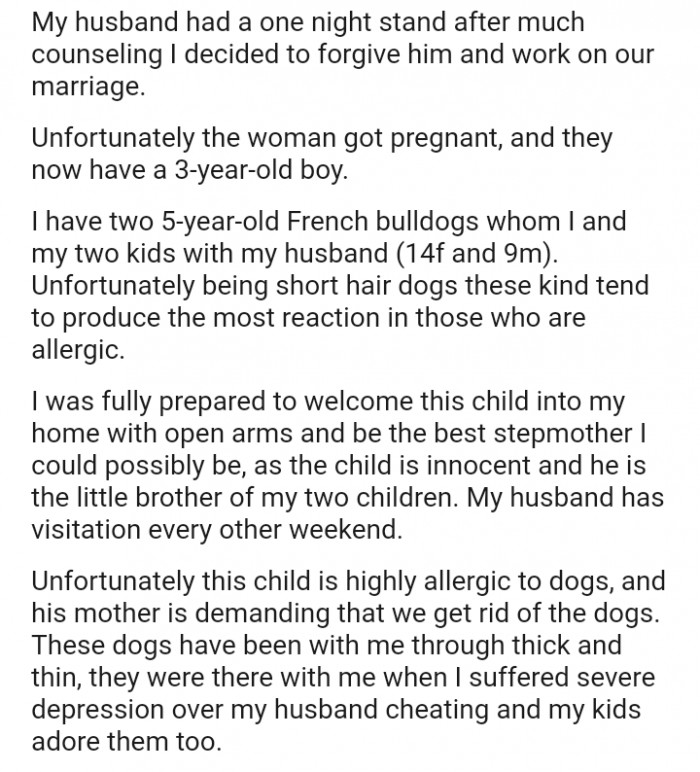 OP's husband had a child from a one-night-stand and the lady got pregnant. However, she's willing to accept the child into their family