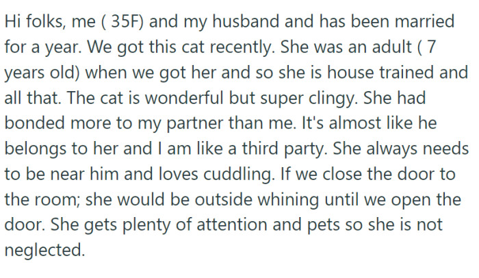 She and her husband have a 7-year-old cat. They adopted her recently, and she is very clingy, mostly to her husband.