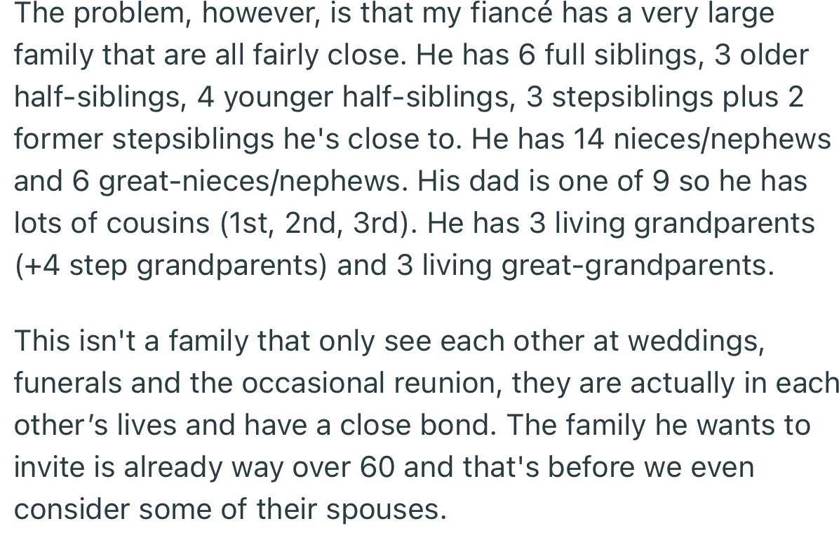 While OP wants a small wedding, her fiancé’s family is quite large and he’ll definitely want all of them in attendance