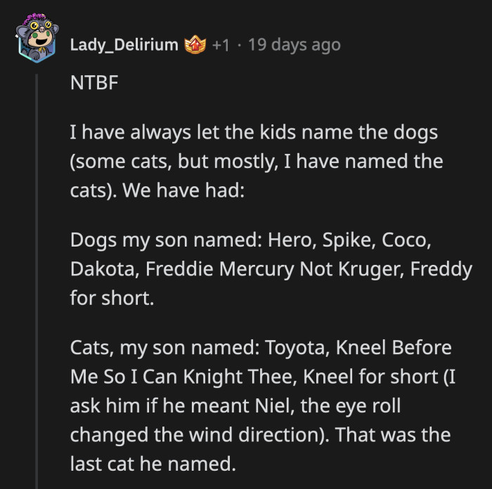 Kneel Before Me So I Can Knight Thee and Freddie Mercury Not Kruger are some of the best pet names I've heard!
