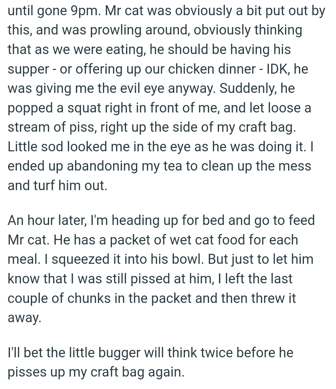 The OP ended up abandoning the tea to clean up the mess and turf the cat out