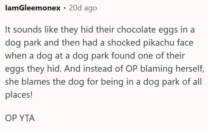 "She blames the dog for being in a dog park."