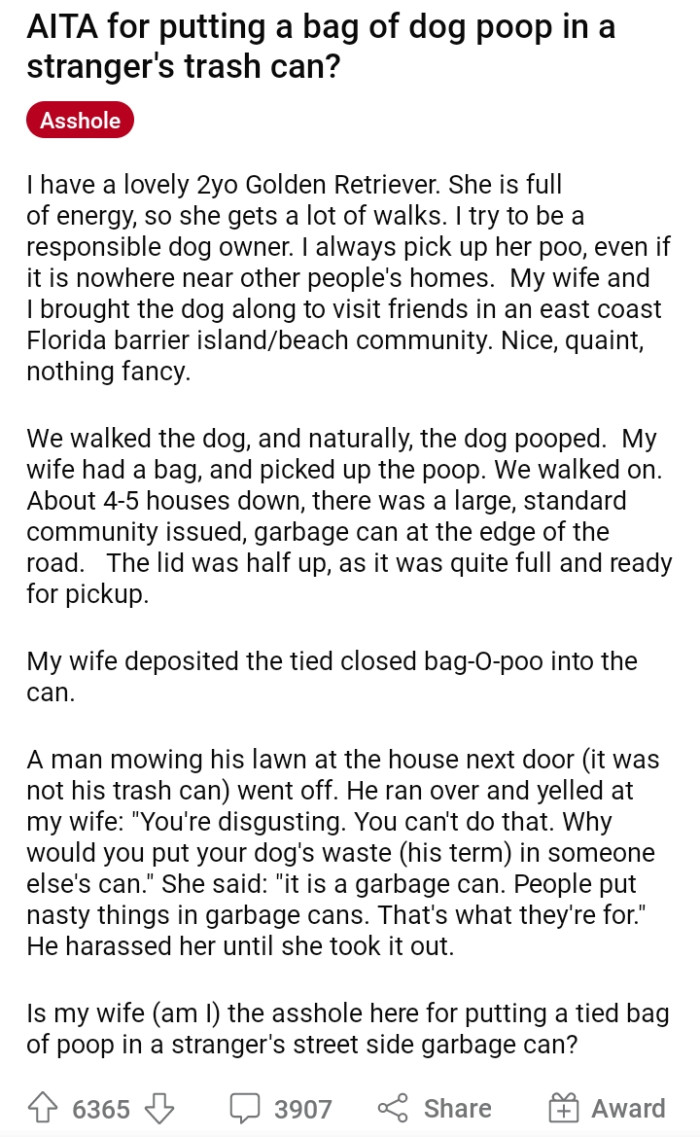 Redditors Hate This Guy For Putting A Bag Of Dog Poop In A Stranger's