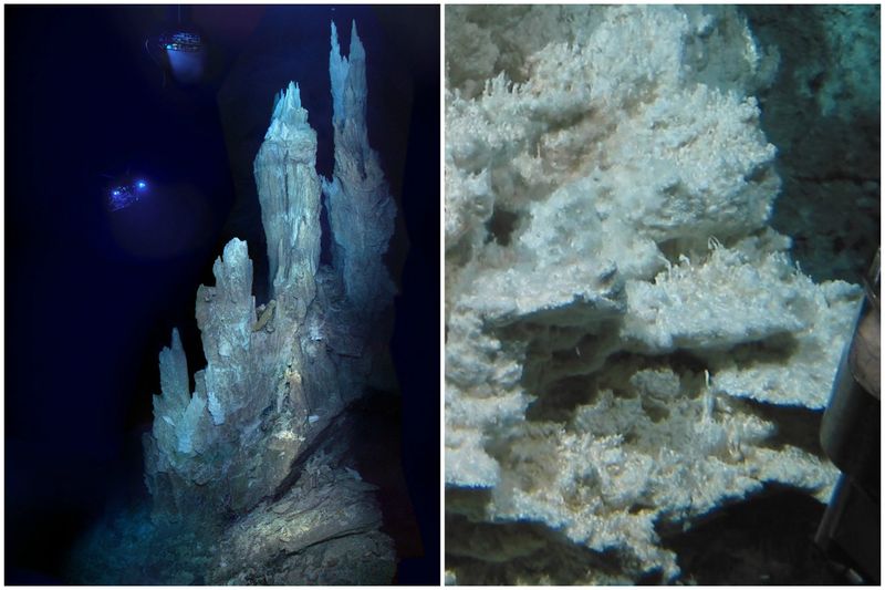On the left, a remotely operated vehicle examines the towering spires of the Lost City; on the right, bacteria thrive on a calcite vent.